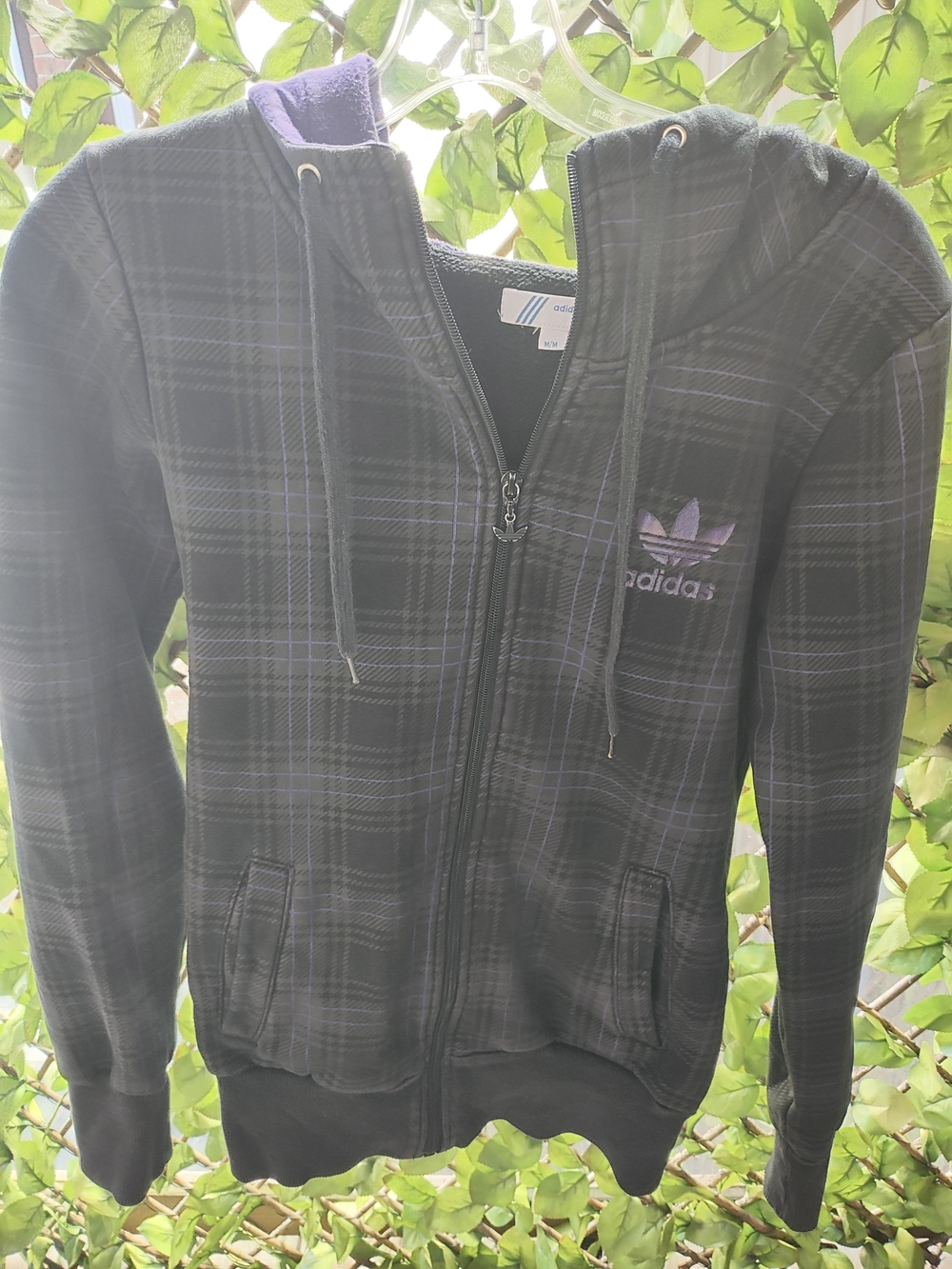 Vintage adidas Black Plaid Zip Hoodie with Purple Trefoil